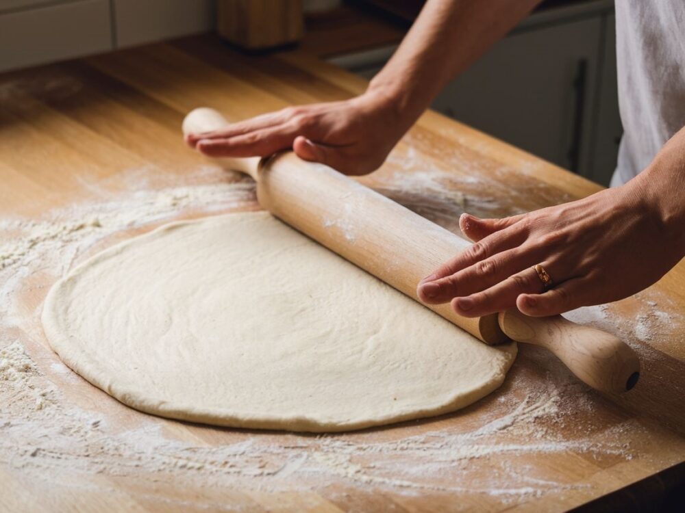 ciasto na pizzę na stolnicy