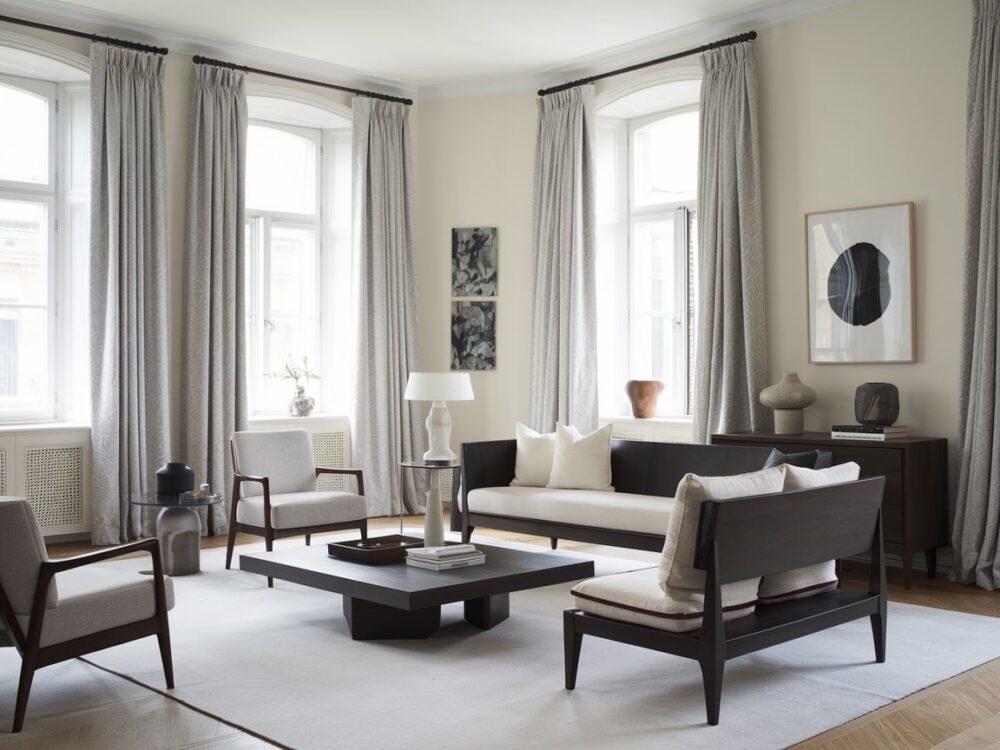 ciemne meble i jasne ściany