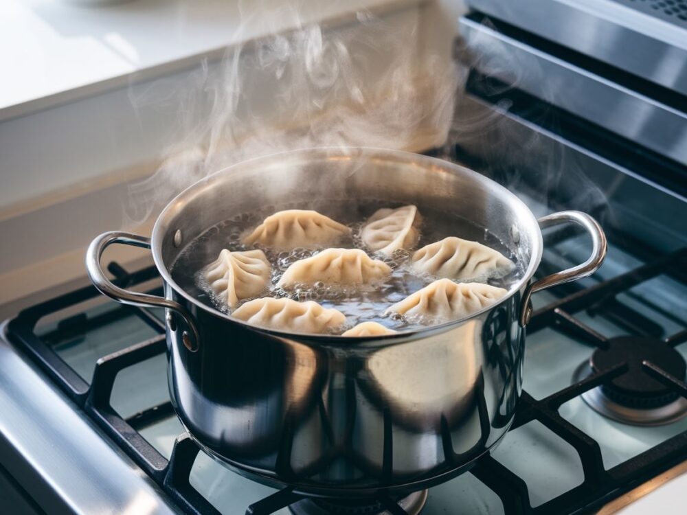 drewniana łyżka i pierogi