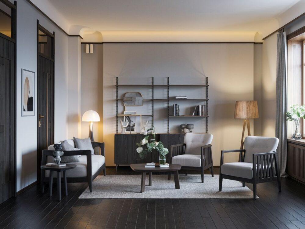 skandynawski wystrój z ciemnymi meblami